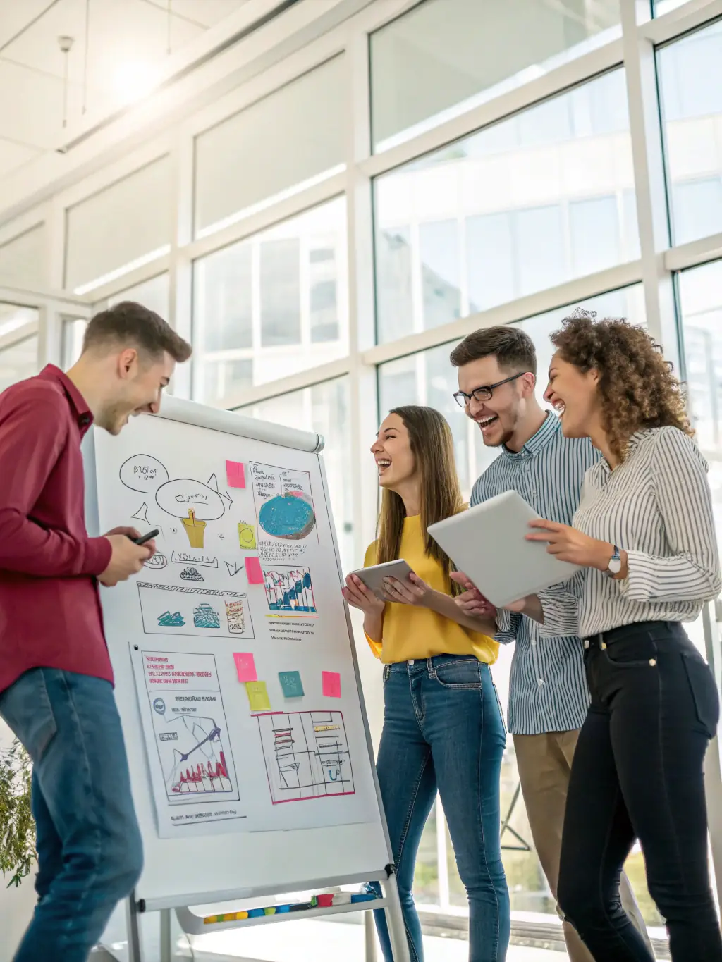 A team brainstorming advertising ideas for an automotive brand, using digital devices and creative visuals.