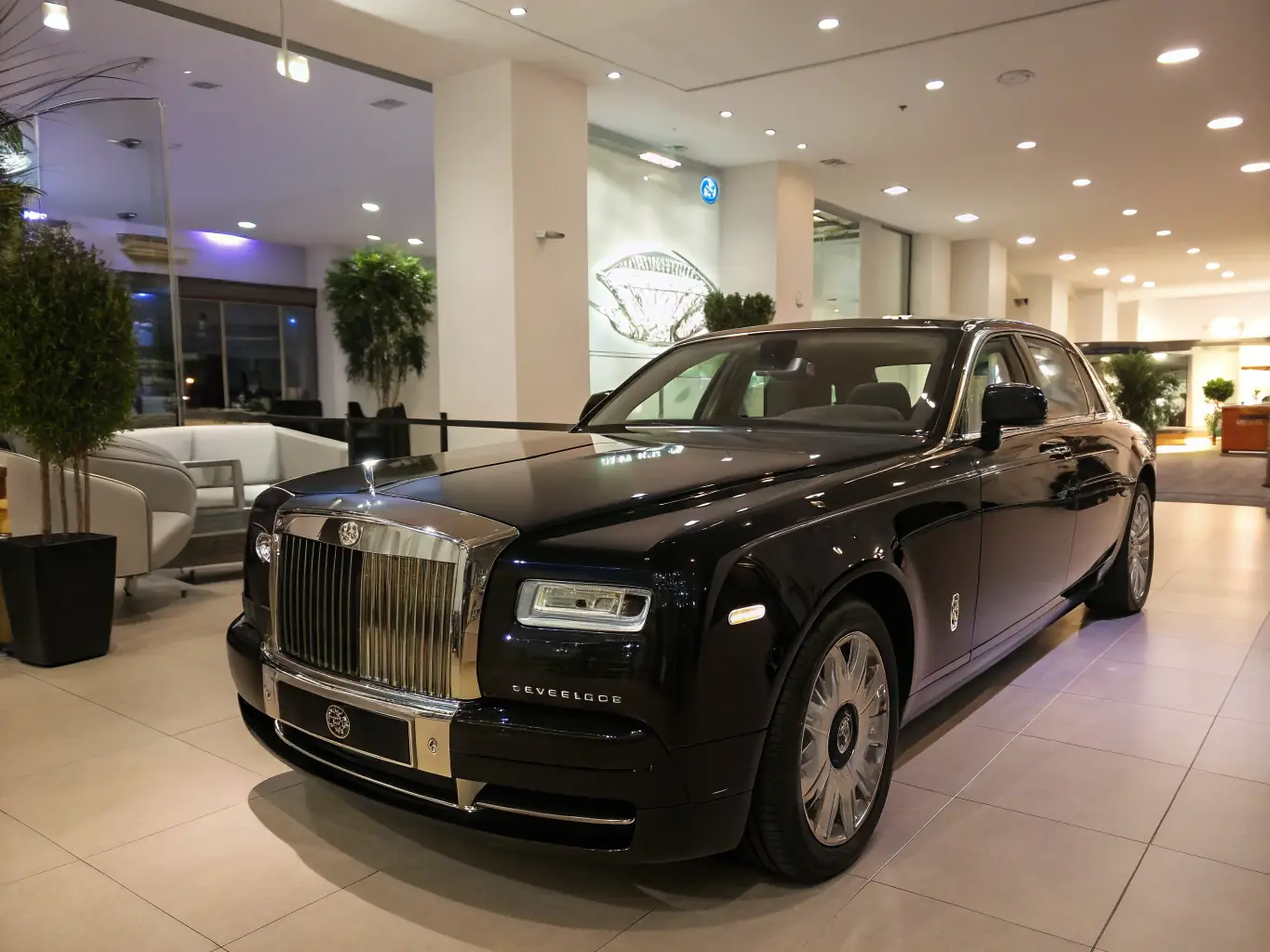 A graph showing increasing profits over time, set against a backdrop of a luxury car dealership.