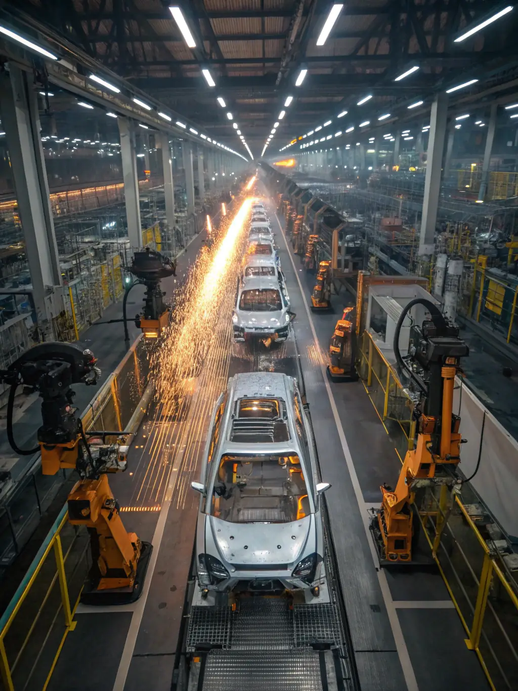 A modern automotive factory assembly line with robotic arms precisely assembling a car chassis, showcasing efficiency and technological advancement.