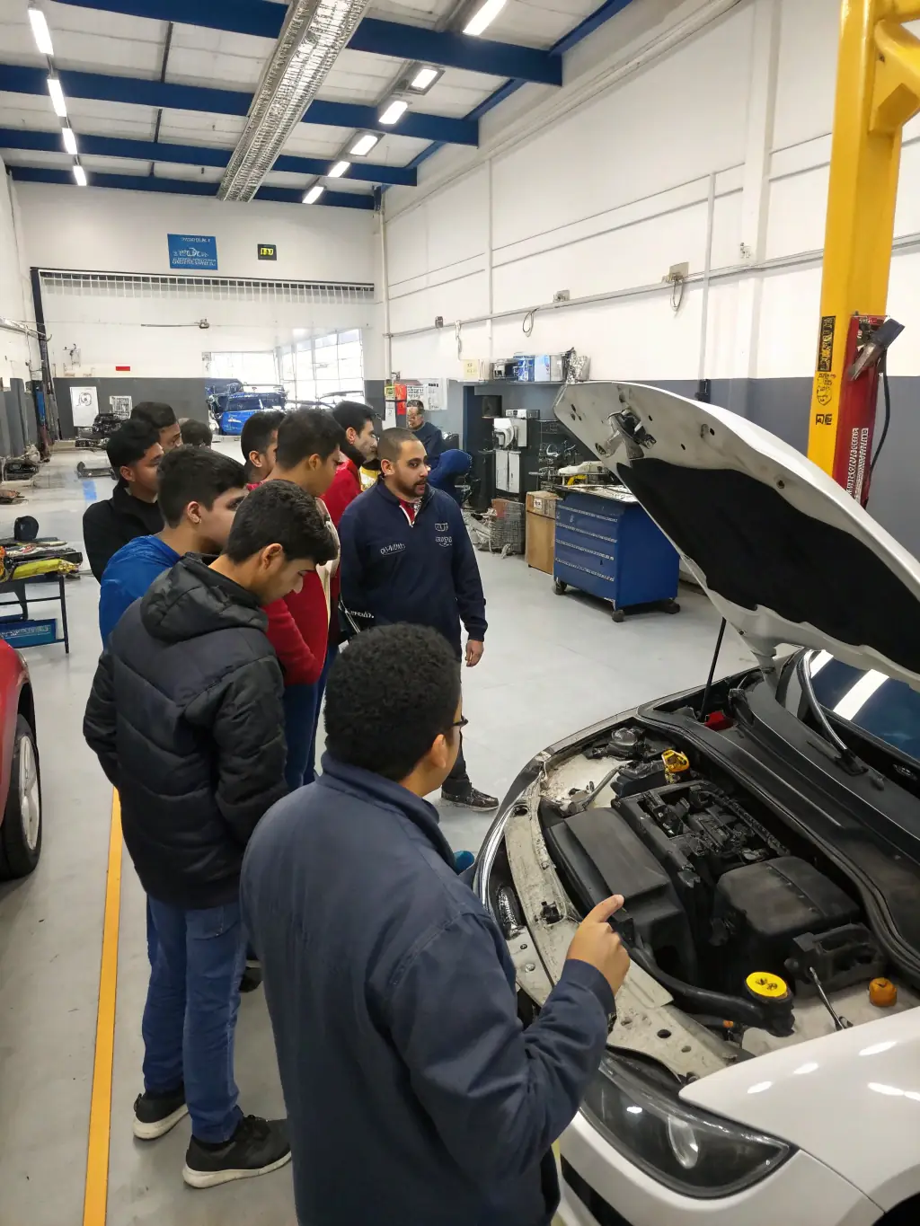 A workshop setting where automotive professionals are participating in a training session on new technologies and best practices.