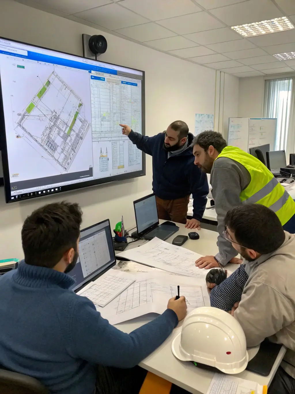 A group of automotive engineers collaborating on a vehicle design using advanced software, symbolizing innovation and precision.