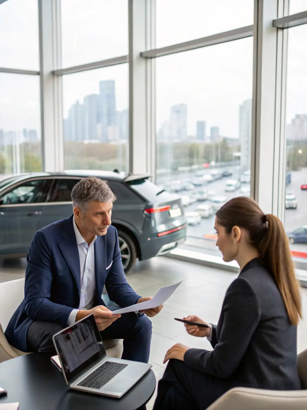 A person looking at a car, preparing for export, with a consultant explaining the process.