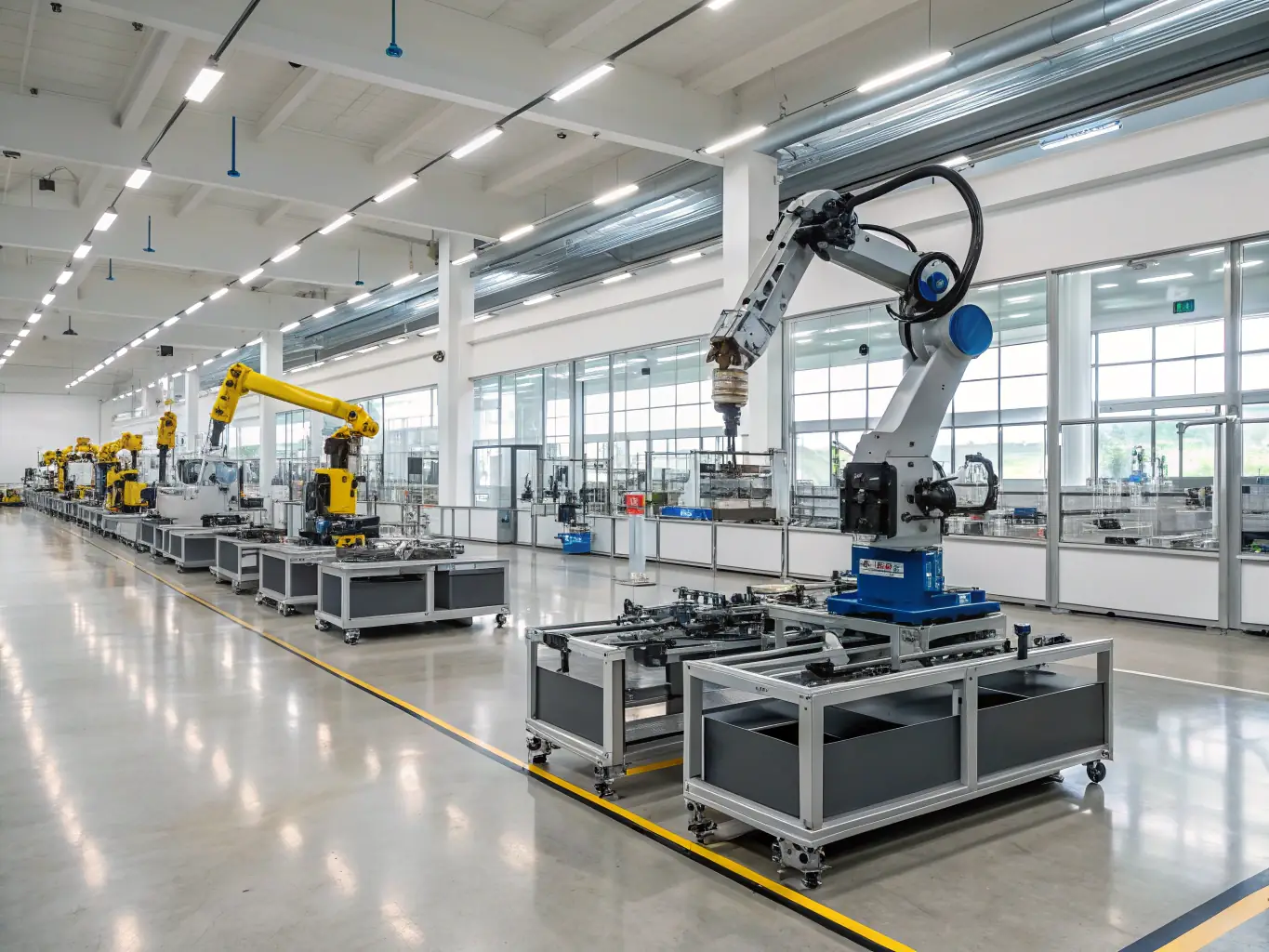 A modern automotive factory floor with robots assembling vehicles, symbolizing efficiency and innovation in automotive manufacturing.