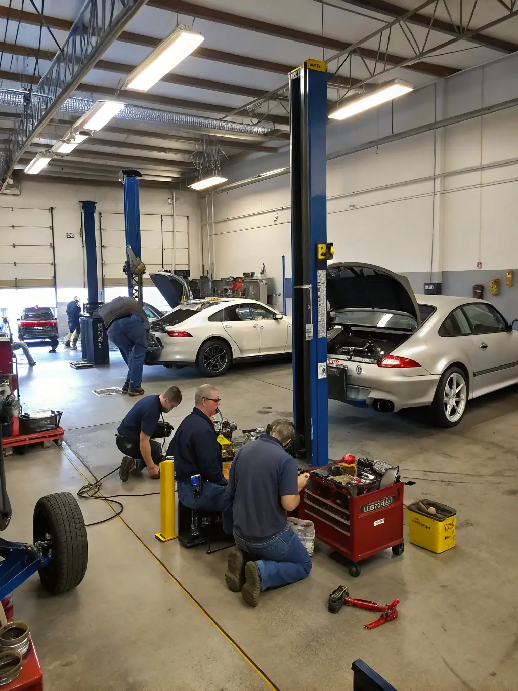 A modern car dealership service bay with technicians working on vehicles, representing efficient service and maintenance.